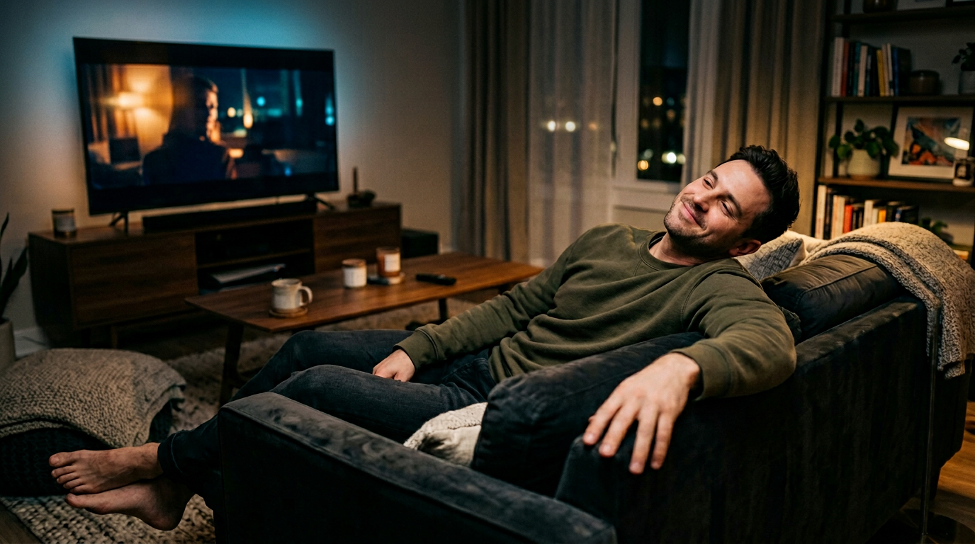 Man completely relaxed on the couch, hands-free and totally at ease